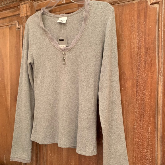 NEXT UK Women V-Neck Cotton Ribbed Raw Edge Trim LS Top Size12 - Picture 5 of 12